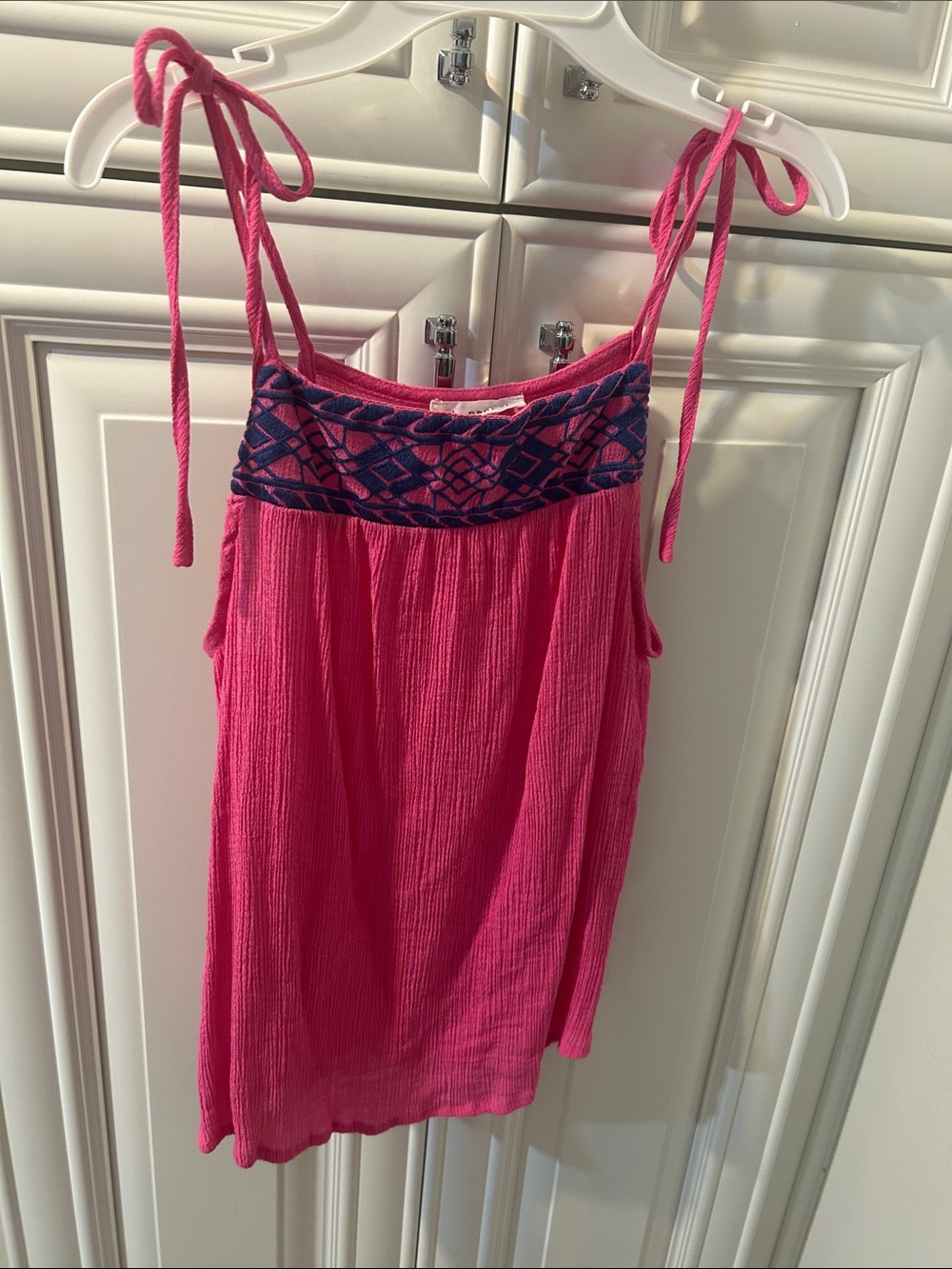 Girls' Pink Tie-Shoulder Tank with Navy Embroidered Yoke